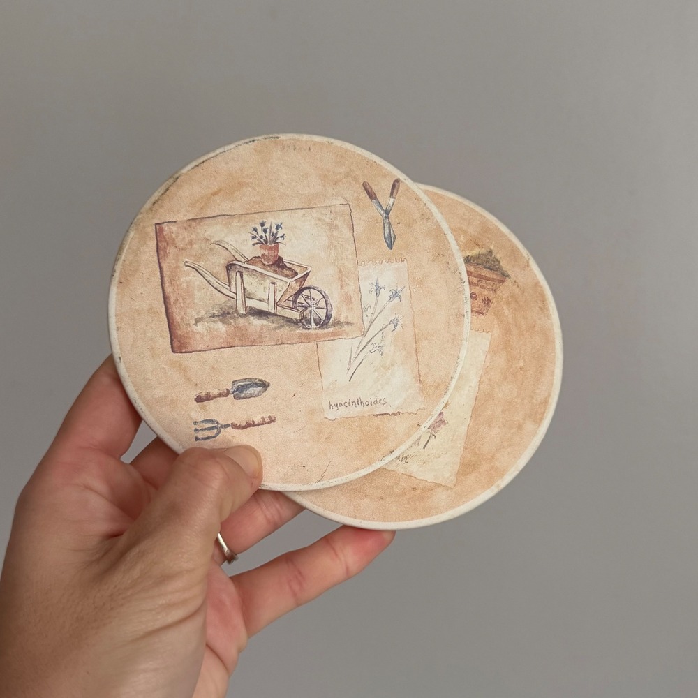 Vintage Garden Botanical Ceramic Stone Coasters Set of 2 Cork Backed 4 Inch